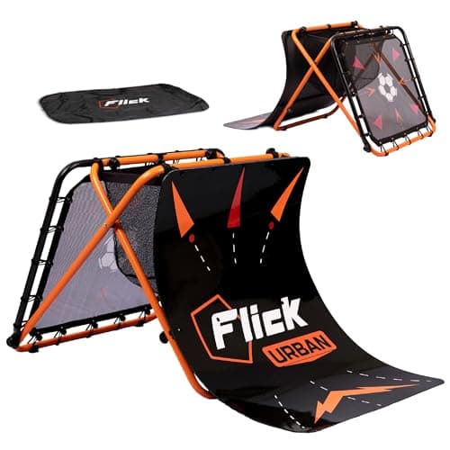 Image of FLICK Urban Skills Trainer - 4-in-1 Football Rebounder Board, Rebound Net, Target Net and Passing Tunnel - Practice Equipment Designed To Improve Your Training, Black/Orange