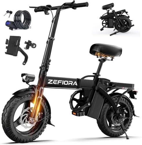 Image of ZEFIORA Electric Bike, 250W Powerful Motor, 48V 15AH Removable Battery, 60 KM PAS Range, 14" Folding Ebike with Phone Holder & Lock, Electric Commuter Bicycle for Adults Teens