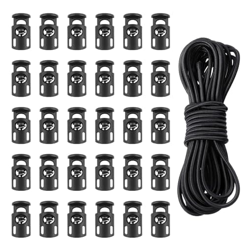 Image of 30 Pieces Toggles for Drawstrings and 10m Black Elastic Cord, Plastic Cord Locks Single Hole Spring Toggle Stoppers Fastener Slide for Shoelaces Clothing Camping Equipment Backpack Paracord