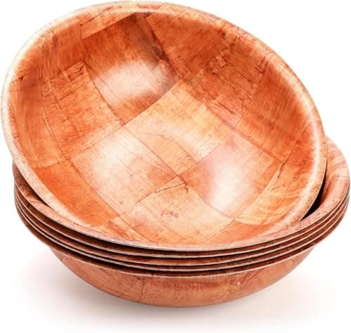 Image of Elsjoy 6 Pack 10 Inch Wooden Woven Salad Bowl, Unbreakable Wood Round Serving Bowl Large Wood Salad Bowl, Reusable Wood Snack Bowls Large Serving Bowls for Fruits, Pasta, Popcorn
