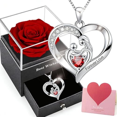 Image of Mothers day gifts for Mum,Forever Rose Box with Heart Silver Necklace,Eternal Rose with Mother and Baby Garnet Pedant,Crystal Necklace for Mother and Daughter Gifts,Preserved Real Birthday Gift.