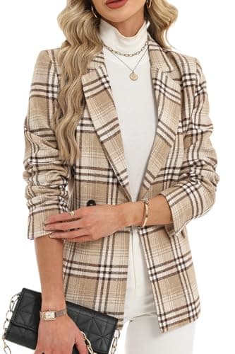 Image of ELLEVEN Women's Casual Plaid Tweed Blazer, Trendy Double-Breasted Houndstooth Suit Jacket with Pockets Fully Lined, Khaki Plaid, XXL