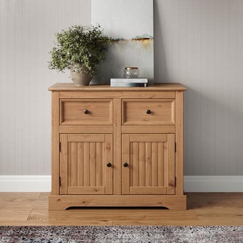 Image of Mercers Furniture Country Antique Solid Wood Pine 2 Door Sideboard With 2 Drawers Wooden Cabinet Storage Cupboard Living Room Kitchen Lounge Hallway Side Unit Dresser 76cm High 87cm Wide 40cm Deep
