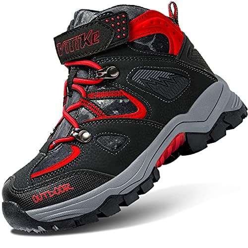 Image of Kids Walking Boots - Suede Children's Running Shoes, Sturdy Grip, Padded Ankles Strong Outsole, Soft Walking Shoes - for Travelling, 32-black/Red, 5 UK
