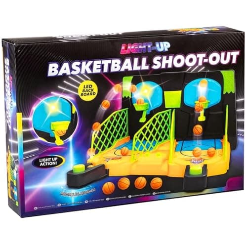 Image of Tabletop Basketball Shoot-Out Game – 2 Player Arcade Challenge for Kids & Adults – Light-Up LED Backboard, Mini Hoops, Launchers – Family Party Game, Office Desk Toy, Gift for Ages 5+ HTUK