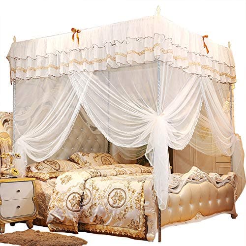 Image of Culnflun Luxury Princess Quarterpost Bed Curtains, 120mm/150mm/180mm, Bed Cornice Lace Luxury Lace 3 Door Mesh, Cute Lace Princess Style Comfortable Sleep White S M L Bedroom (150 * 200 * 200)