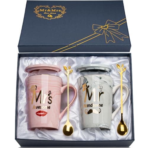 Image of Wedding Gifts Mr and Mrs Mugs, Couple Gifts Engagement Gif-ts for Couples, Novelty Cups Set for Engagement Wedding Bridal Shower Bride and Groom to Be Newlyweds Anniversary, Marble Ceramic Mugs 14Oz