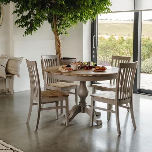 Image of Statement Furniture Florence Pedestal Dining Table Set with 4 Highback Chairs | 120cm, Limed Acacia Hardwood, Hidden Drawers (truffle)
