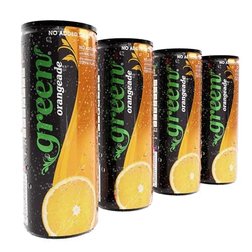 Image of Green Orangeade - Low Calorie Soft Drinks - Sparkling Orange Flavour with 20% Natural Juice - No Added Sugar, Sweetened with Stevia, No Aspartame - Alternative Fizzy Drink - Pack of 4 Cans x 330ml