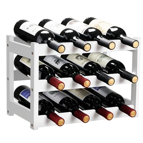 Image of VASMIA Bamboo Wine Rack, Sturdy and Durable Wine Storage Cabinet Shelf, Wine Racks Countertop for Pantry,Kitchen,3-Tier 12 Bottles Wine Rack, White