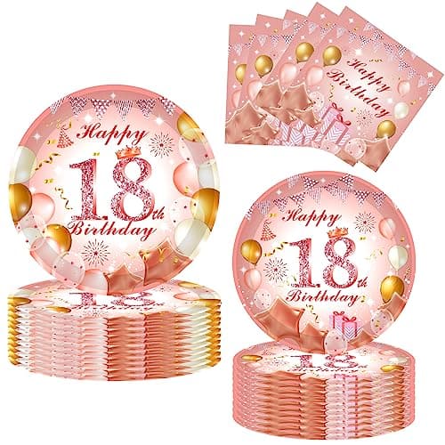 Image of POPOYU 52Pcs 18th Paper Plates and Napkins Rose Gold,16 Guests Pink Gold Birthday Party Tableware Set for Gifts,Birthday Decorations Supplies,