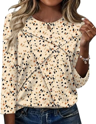 Image of Kistore Womens 3/4 Sleeve T Shirts Crewneck Tops for Women Pleated Dressy Tunic Top Dressy Casual Petite Tops Leopard Printed L