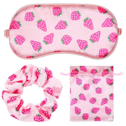 Image of Dimeho Strawberry Sleep Mask, Soft Silk Eye Mask for Sleeping Cute Cartoon Sleep Eye Mask with Adjustable Strap Eye Sleep Shade Cover Blocks Light with Hair Band, Strawberry