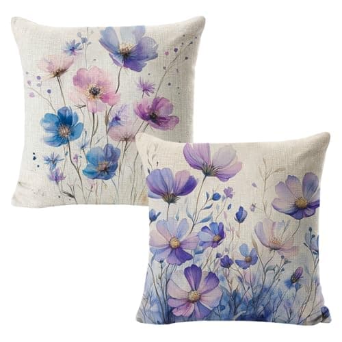 Image of 2 Pack Linen Floral Cushion Covers 18x18 Inch Soft Boho Textured Throw Pillow Broadside Pillowcases Modern Farmhouse Home Decor for Sofa Bedroom Bed Living Purple Blue Vintage Watercolor Flower Design