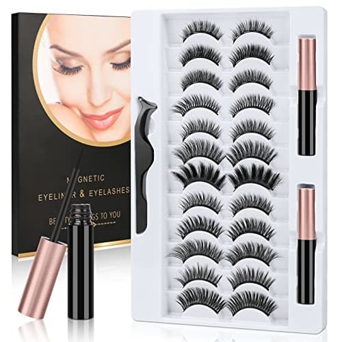 Image of URAQT Magnetic Eyelashes with Eyeliner, 12 Pairs Natural Look False Magnetic Eyelashes with 2 Tubes Waterproof Magnetic Eyeliner, Reusable Fake Eye Lashes for Makeup Eyelashes Extension, No Glue