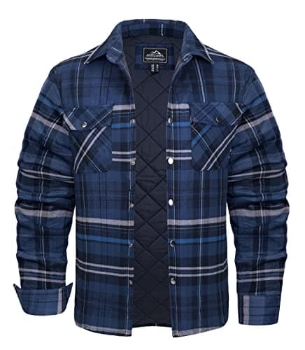 Image of KEFITEVD Lumberjack Jacket Mens Button Down Shirts with Pockets Plaid Winter Jackets Flannel Checked Warm Shirt Blue Grey,4XL