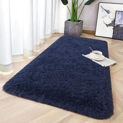 Image of Aspire Homeware Fluffy Shaggy Small Rugs Living Room, 450 GSM Thick Soft Pile Non Slip Carpet, Machine Washable Bedside Rug for Bedroom, Hallway, Kids Nursery Room, Non-Shedding, Navy Blue, 60x110 cm
