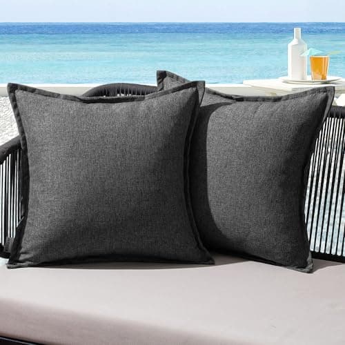 Image of MIULEE Outdoor Cushions Waterproof Faux Linen Decorative Outside Cushion Covers Water Resistant for Garden Sofa Livingroom Chair Bedroom Tent Park Patio 45x45cm Set of 2 Dark Grey