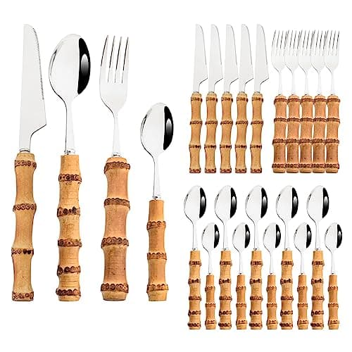 Image of Snplowum - 24 Piece Cutlery Set with Natural Bamboo Handles, Basic Service for Daily Dining Room and Kitchen, Serving for 6 People