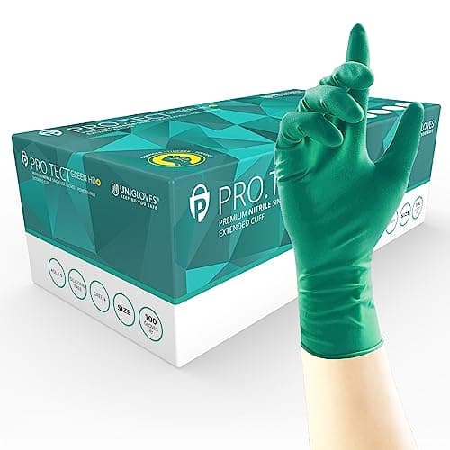 Image of UNIGLOVES PRO.TECT Green HD+ Nitrile Extended Cuff Disposable Gloves - Ultra Heavy Duty, Single Use, Multipurpose, Powder Free, Box of 100 Gloves, Size Large (GA0094)