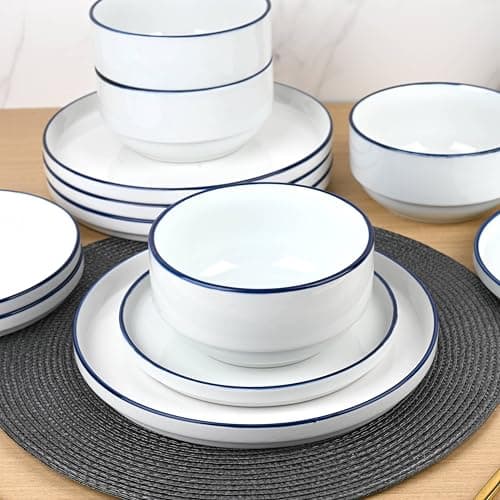 Image of Waterside 12pc Dark Blue Rim Stacking Porcelain Dinner Set; 4 Dinner Plates, 4 Side Plates & 4 Deep Bowls - Dishwasher & Microwave Safe