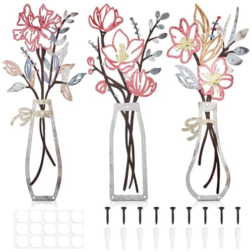 Image of Pumtus 3 PCS Metal Flower Wall Arts, Rustic Farmhouse Vase Wall Decor, Boho Minimalist Hanging Sculptures, Colorful Home Decoration Housewarming Gift for Bathroom Bedroom Kitchen Living Room