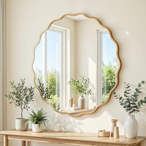 Image of Clevich Wavy Edge Wall Mirror 80cm, Round Bathroom Mirror with Explosion-Proof Tempered Mirror,Textured Aluminum Frame, be Hung or Leaned against the Wall for Living Room/Bedroom/Hallway (Gold)