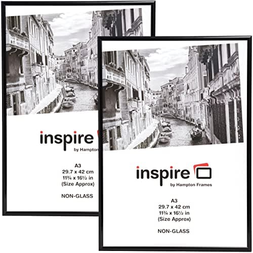 Image of Hampton Frames Backloader Poster Frame Pack of 2 | A3 Size, Black, Acrylic Front, Foil Wrapped Plastic | Drop-In Back, Wall Mount | For Photos, Certificates, Posters