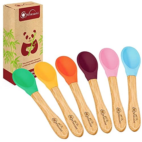 Image of Vinsani 6 Pieces Bamboo and Silicone Spoon Set for Baby/Toddler Weaning Self-Feeding Training Ergonomically Designed, Hypoallergenic and BPA-Free