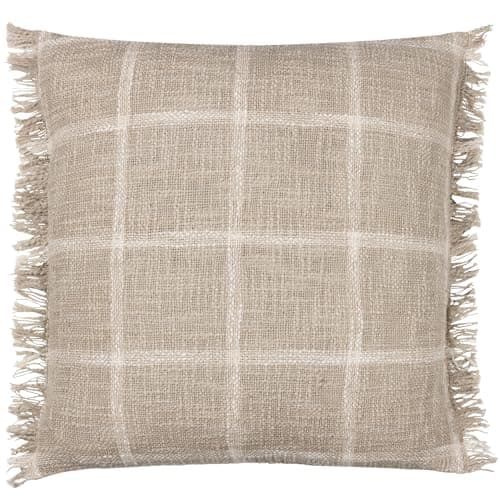 Image of furn. Yard Beni Cushion Cover – Woven Check Cotton with Double Fringed Trim (Stone/Natural – 45 x 45 cm)