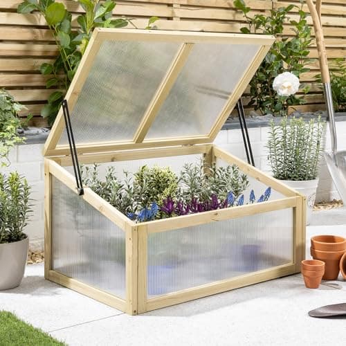 Image of Christow Raised Bed Cold Frame Greenhouse, FSC Wooden Garden Grow House for Vegetables & Plants, Polycarbonate UV-Stabilised Panels for Strong, Healthy Growth, Natural Wood, 70cm x 46.2cm x 39.5cm