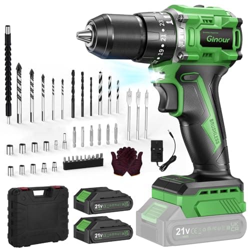 Image of Ginour 21V Brushless Cordless Combi Drill Set, 2x2.0Ah, Hammer Drill 50Nm, compatible with Makita 18V Battery, 23+3 Torque, 2 Speed, 48PCS Electric Screwdriver kit, Impact drill for Masonry Wood Metal