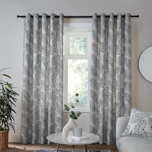 Image of Fusion Matteo Black and White Leaf Eyelet Curtains 46 x 54 Inch (117 x 137cm) – 100% Cotton Tropical Leaf Print Curtains, Pair of Panels