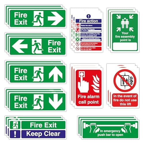 Image of 30PCS Self Adhesive Fire Exit Signs Stickers: 3X (Right, Left, Up, Down Arrow, Keep Clear, Fire Action & Alarm Call & Assembly Point, In The Event of Fire Do Not Use Lift, Push Bar to Open Sign)