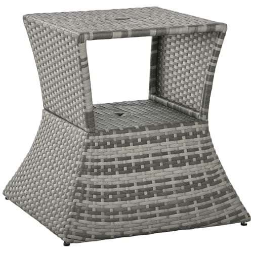 Image of Outsunny Rattan Outdoor Coffee Table, Wicker Garden Patio Bistro Side Table with Umbrella Hole and Storage Space for Balcony, Porch, Grey