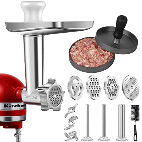 Image of Meat Grinder Attachment for Kitchenaid Stand Mixer, AMZCHEF Metal Kitchen Aid Accessories Included 3 Sausage Stuffer Tubes,1 Holder, 4 Grinding Plates, 2 Grinding Blades, Burger Press, Without Machine
