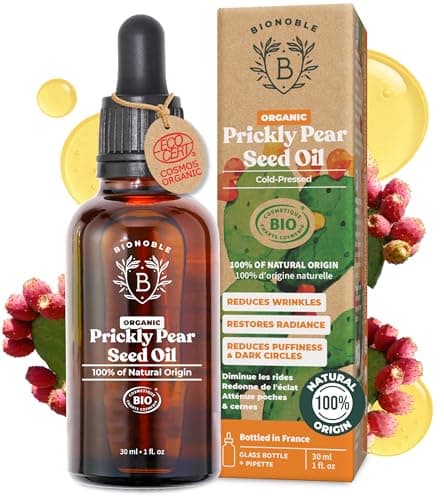 Image of BIONOBLE Organic Prickly Pear Seed Oil, Cold-Pressed, 100% Pure, Hexane-Free - Moroccan Prickly Pear Oil for Face - Anti-Ageing, Reduces Wrinkles and Dark Circles - Glass Bottle with Pipette - 30ml