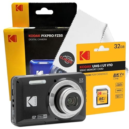 Image of Digital Camera Set Bundle with Kodak Pixpro FZ55 Black Compact Digital Camera, 32gb SD Card, and Clikoze Cleaning Cloth