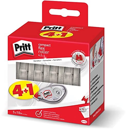 Image of Pritt Compact Flex 2382016 Correction Roller, Easy to Use with Flexible Tip, Tape Length 10 m, Tape Width 4.2 mm, Pack of 5 Economy Set, White