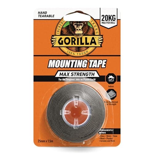 Image of Gorilla Max Strength Indoor Mounting Tape, 25mm x 1.5m – Heavy-Duty Double-Sided Tape for Permanent Bonds | Hand Tearable & Mesh Reinforced for Strength