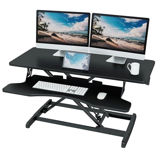 Image of Lubvlook Standing Desk Converter, 37.4"/95cm Wide Height Adjustable Sit Stand Desk Riser for Dual Monitors with Keyboard Tray, Black