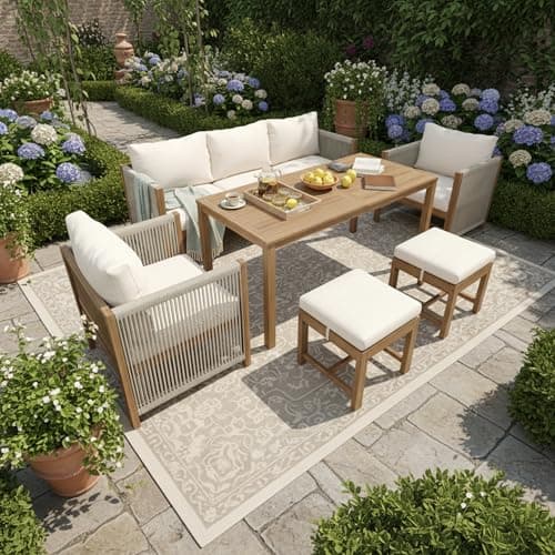 Image of SURUEO 7-Seater Garden Lounge & Dining Set, Acacia Wood Frame Outdoor Patio Furniture, Rope Weaving, Acacia Wood Tabletop, Includes All Chairs & Backrest Cushions, Beige