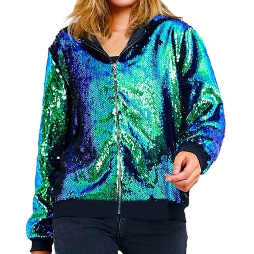 Image of Beokeuioe Sequin Bomber Jacket Women's Glitter Jacket Short Zip Disco Jacket Carnival Party Club Jacket Hip Hop Stage Costumes Long Sleeve with Hood Pilot Jacket Flight Jacket, blue, S