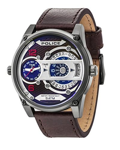 Image of Police Men's Quartz Watch with Brown Dial Analogue Display and Dark Brown Leather Strap 14835JSU/12