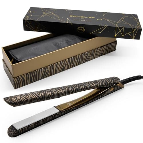 Image of Corioliss C5 Hair Straightener for Women | Professional Titanium Plates | Ionic Flat Iron | Adjustable Temperature 80°C–235°C | 30-Second Heat-Up | Travel Case | UK Plug | Gold Zebra