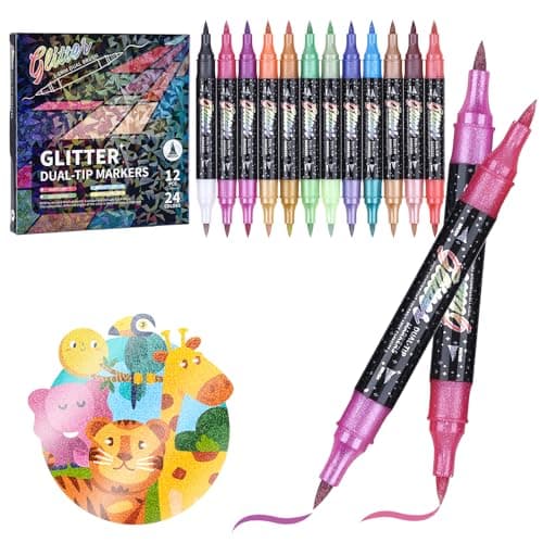 Image of KEMYR Glitter Brush Markers Pens,24 Colors Dual Tip Glitter Pens Set 12 Pack Metallic Sparkle Markers for Cards, DIY Crafts, Doodle, Writing, Adults Coloring Books, Art Supplies Scrapbooking