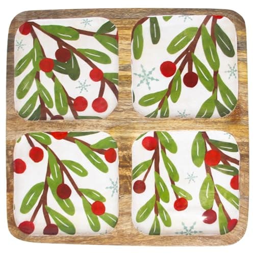 Image of Boston International Divided Tray with 4 Sections Mango Wood Serving Dish, 12" x 11.75", Winter Berry