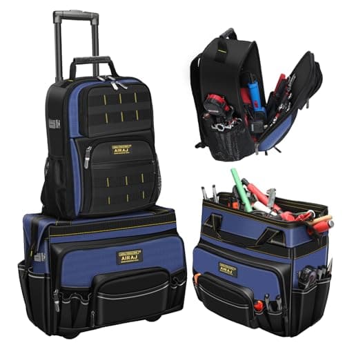 Image of AIRAJ 21" Rolling Tool Bag on Wheels & 18" Tool Backpack Set | Adjustable Telescoping Handle | Waterproof Tool Bag | Tool Backpack Heavy Duty | 1680D Oxford Cloth | USB Charging Port | 55 Pockets