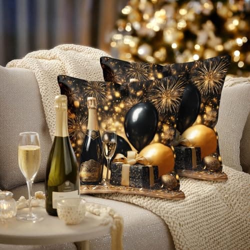 Image of HOMETITUTE Set of 2 Happy New Year Throw Pillow Covers 18x18 Inch Soft Decorative Gold Black Celebration Cushion Covers Rustic Farmhouse Holiday Winter Pillow Cases for Sofa Couch Bed Home Decor