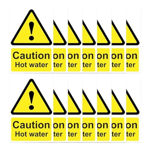Image of RDLCAR Caution Hot Water Stickers Pack of 14 Durable Kitchen Safety Warning Labels Self Adhesive Vinyl Compact Portrait 60mm x 90mm